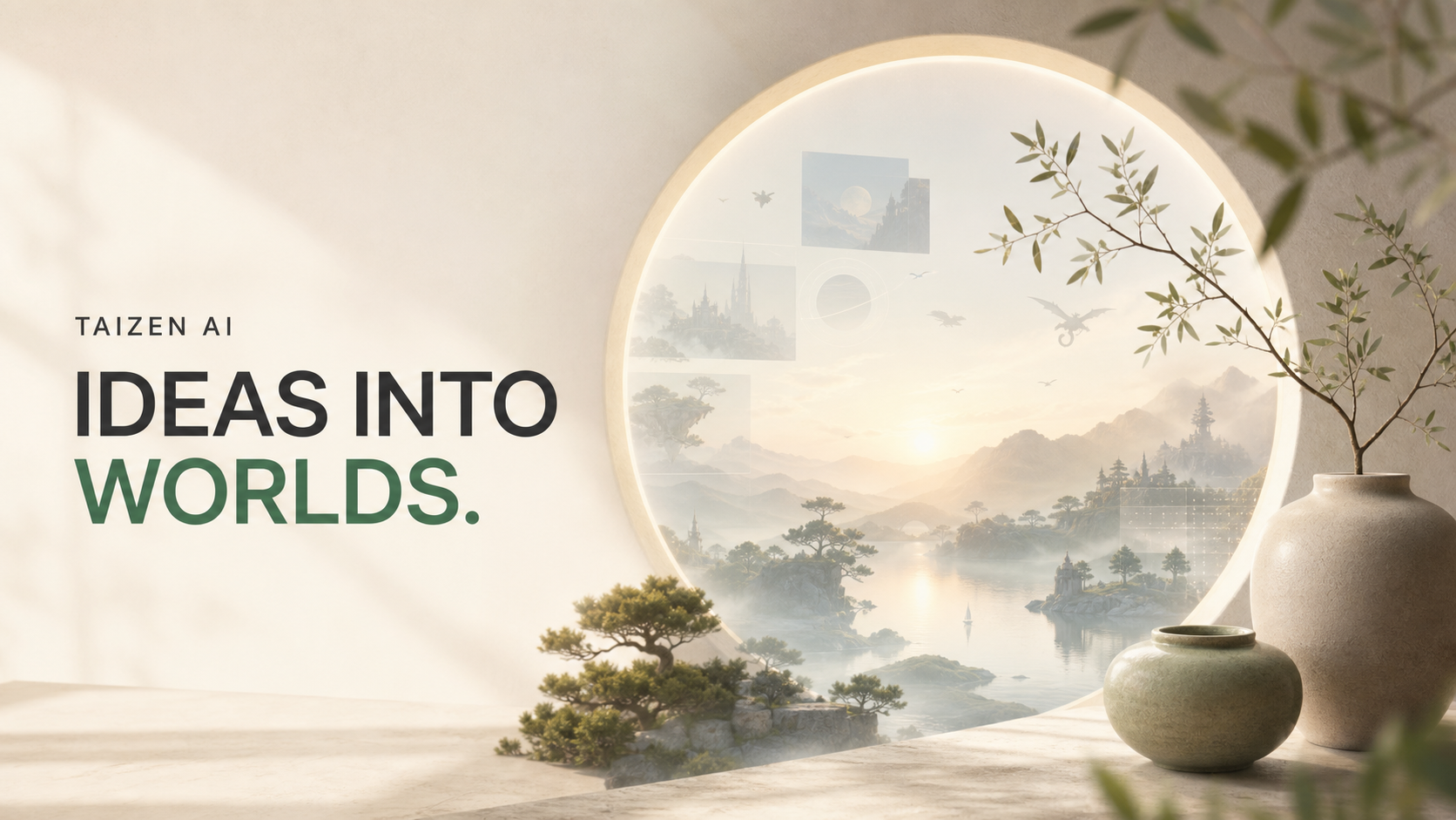 A serene imagined landscape representing creative possibilities with AI